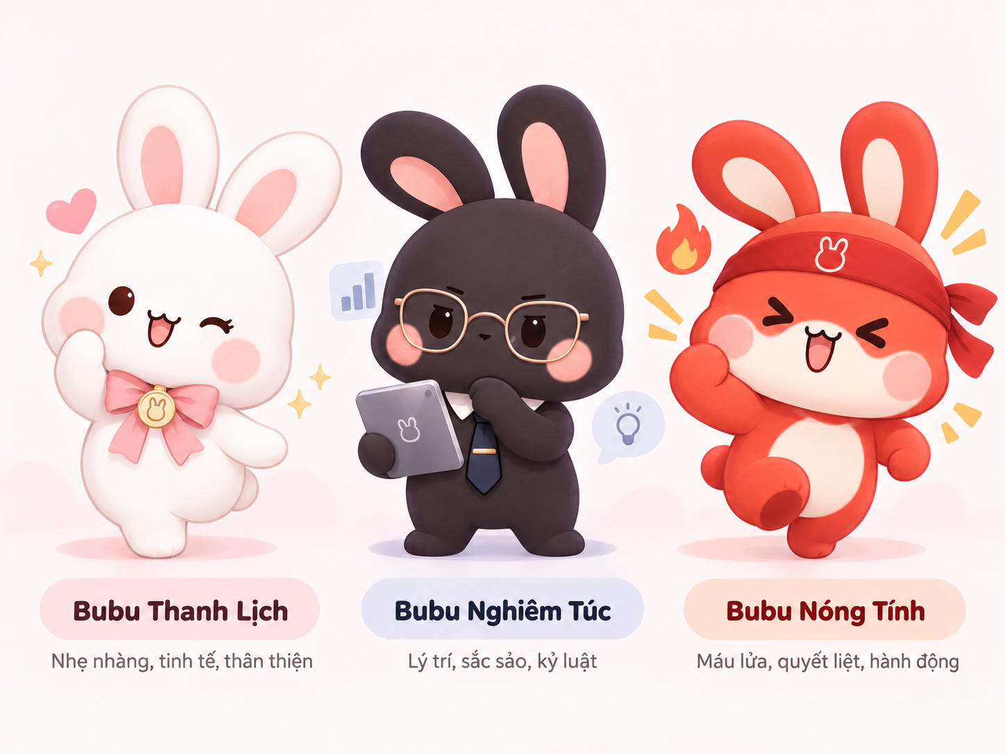 Ba thỏ Bubu: Thanh Lịch trắng với nơ hồng, Nghiêm Túc đen đeo kính, Nóng Tính đỏ đeo băng đô